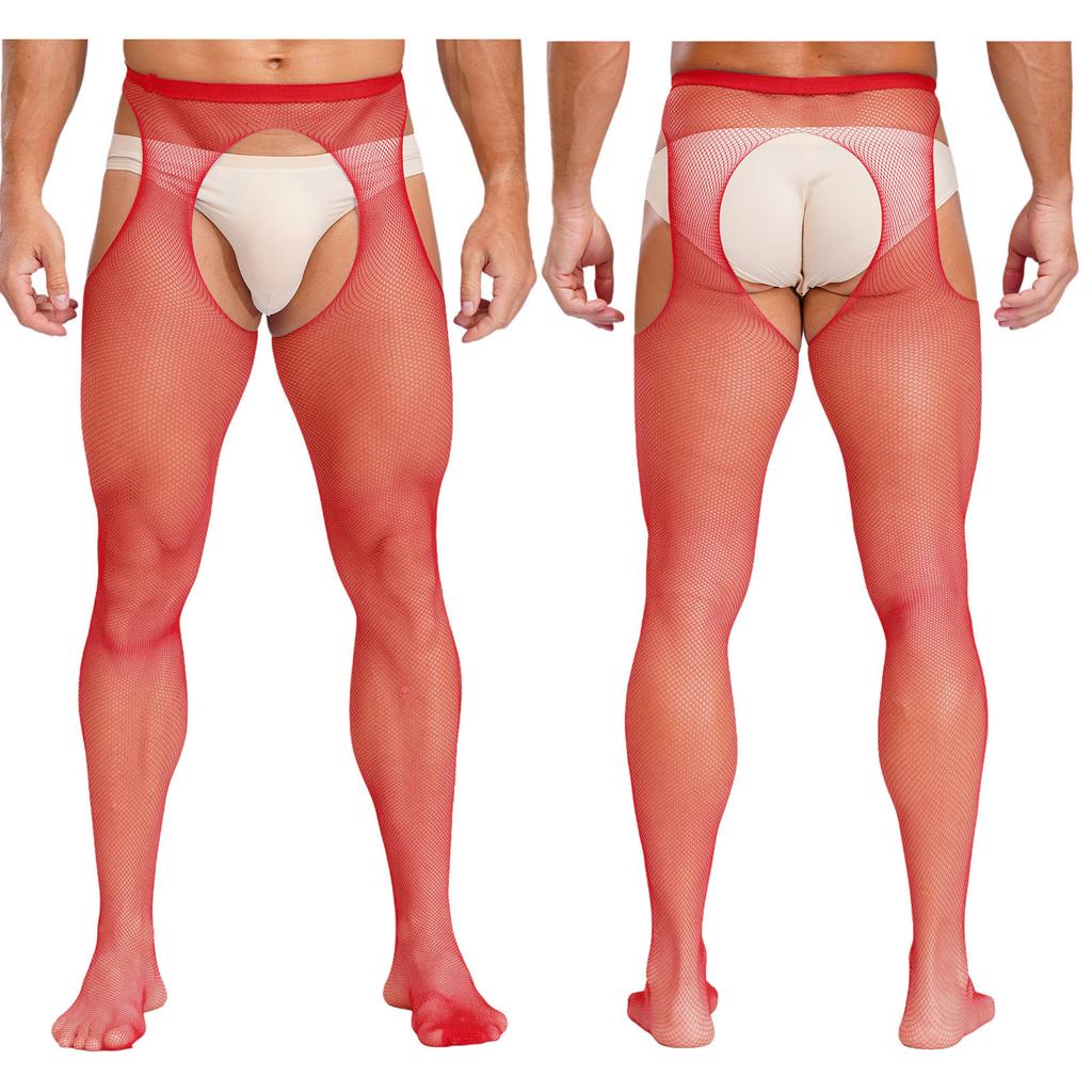 Mens Mid Waist Hollow Out Cutout Opening Crotch Tights Stockings Leggings Elastic Waistband Pantyhose