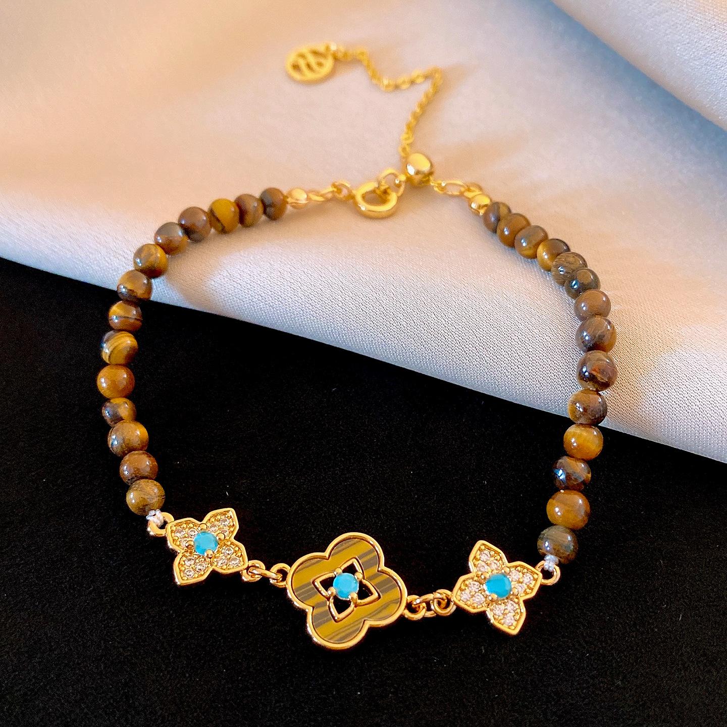 

Medieval vintage zircon flower tiger s eye stone beaded bracelet bracelet new Chinese jewelry women