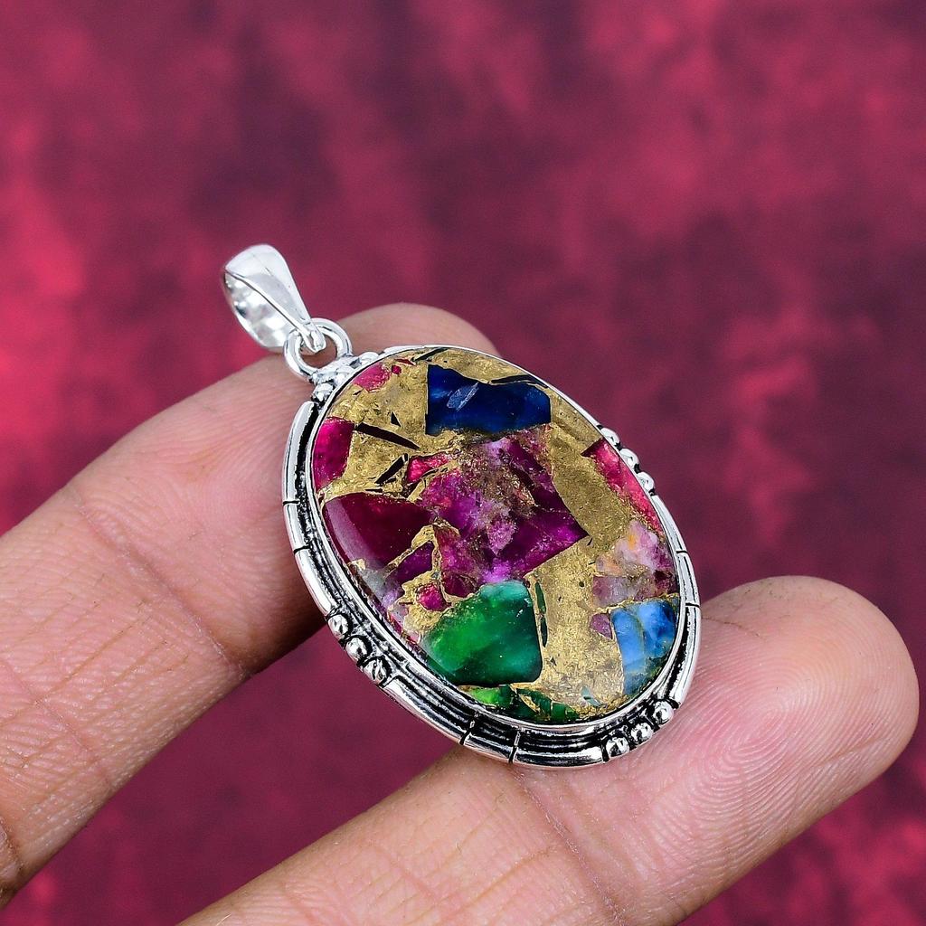 Pink Oyster Copper Turquoise Pendant, 925 Solid Sterling Silver Jewelry, Gemstone Pendant, Gift For Her Handmade Dainty Jewelry