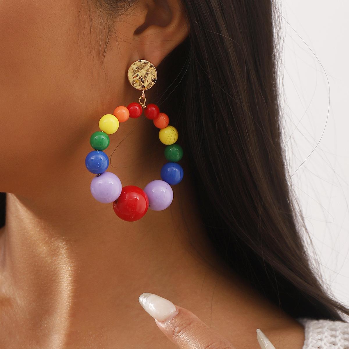 

Exaggerated Bohemian Round Beads Earrings Drop Shape Plastic Candy Color Earrings for Ladies Girls Beach Travel Jewerly фіолетовий
