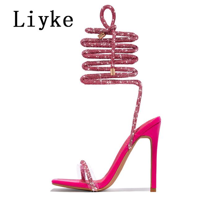 Fashion Liyke Fashion Glitter Rhinestones Women Sandals Crystal Ankle Strap High Heels Party Prom Shoes Lady Wedding Stiletto Sandalias