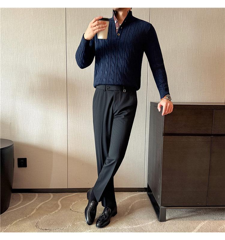 Herren Dicker Wollmischungs-Henley-Pullover - Warmer Zopfmuster-Strick im Old Money Stil (Herbst/Winter Sale)