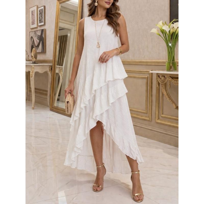 European and American cross-border Amazon TK explosion 2026 summer elegant leisure irregular ruffle edge vacation wind edge dress S белый