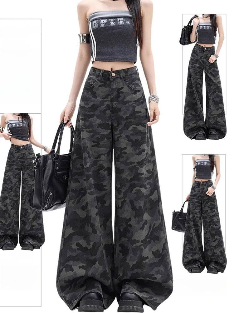 Wide Leg Workwear Denim Camouflage Trousers Women Large Size High Waisted Thin Loose Casual Straight Dragging Floor Trousers Long Denim Pants