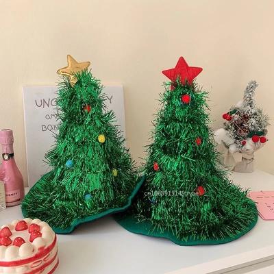 Christmas Tree Hats Fabric Rain Silk Hat for Adults Kids Funny Santa Hat with Tinsel Xmas Holiday Party Costume New  Decor
