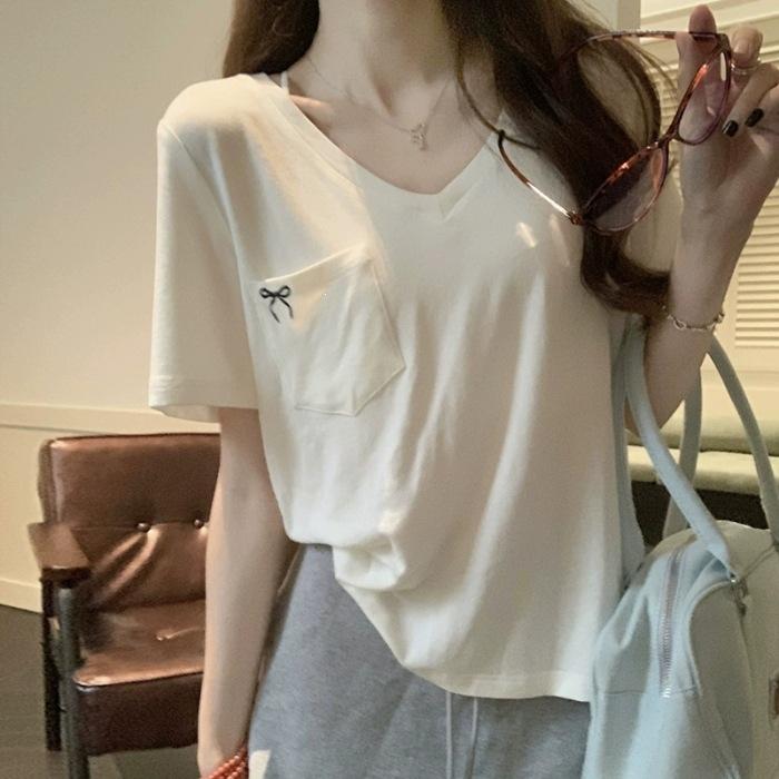 

Cotton Modal g Casual Loose V-Neck Clavicle Short Sleeve T-Shirt Women s Age Reduction Top S белый
