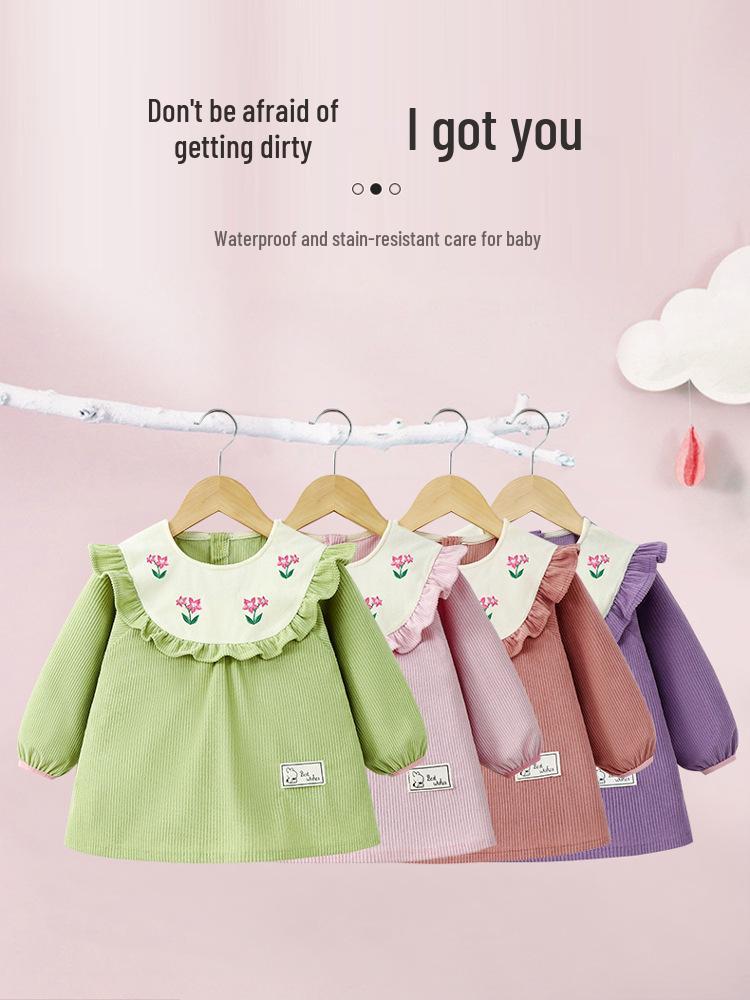 Waterproof Corduroy Smock Bib for Girls - Autumn/Winter Stylish Reversible Design