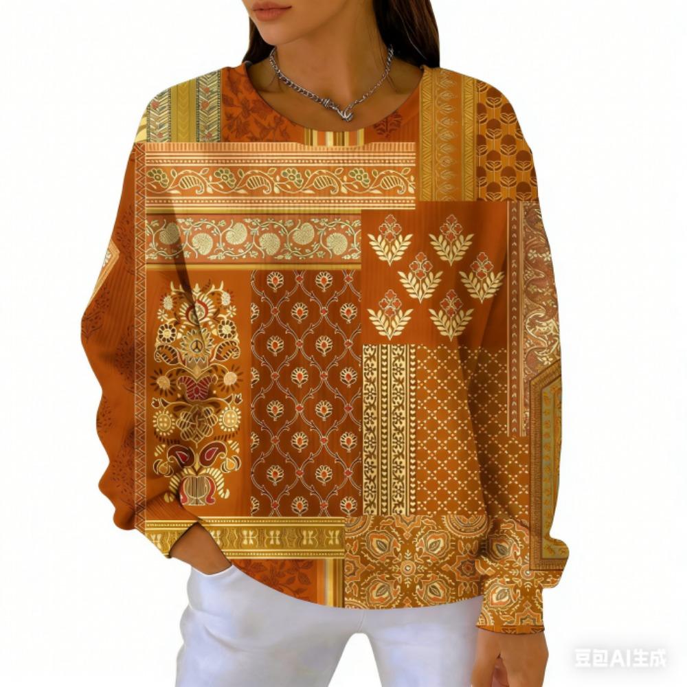 Spring Fashion Women's T-shirt Casual Vintage Print Pullover Women Long Sleeve Clothing Outdoor Casual Tees Top