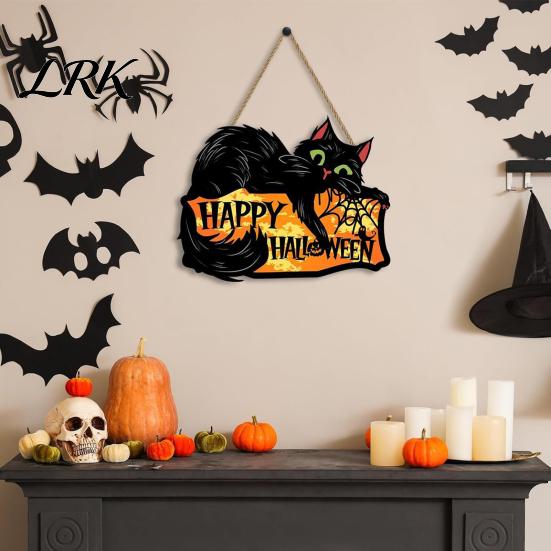 2D Flat Wood Sign Halloween Hanging Door Sign, Cute Cat Wooden Front Pet Name Tag Hanger with Hemp Rope for Porch Wall Indoor Home Decor