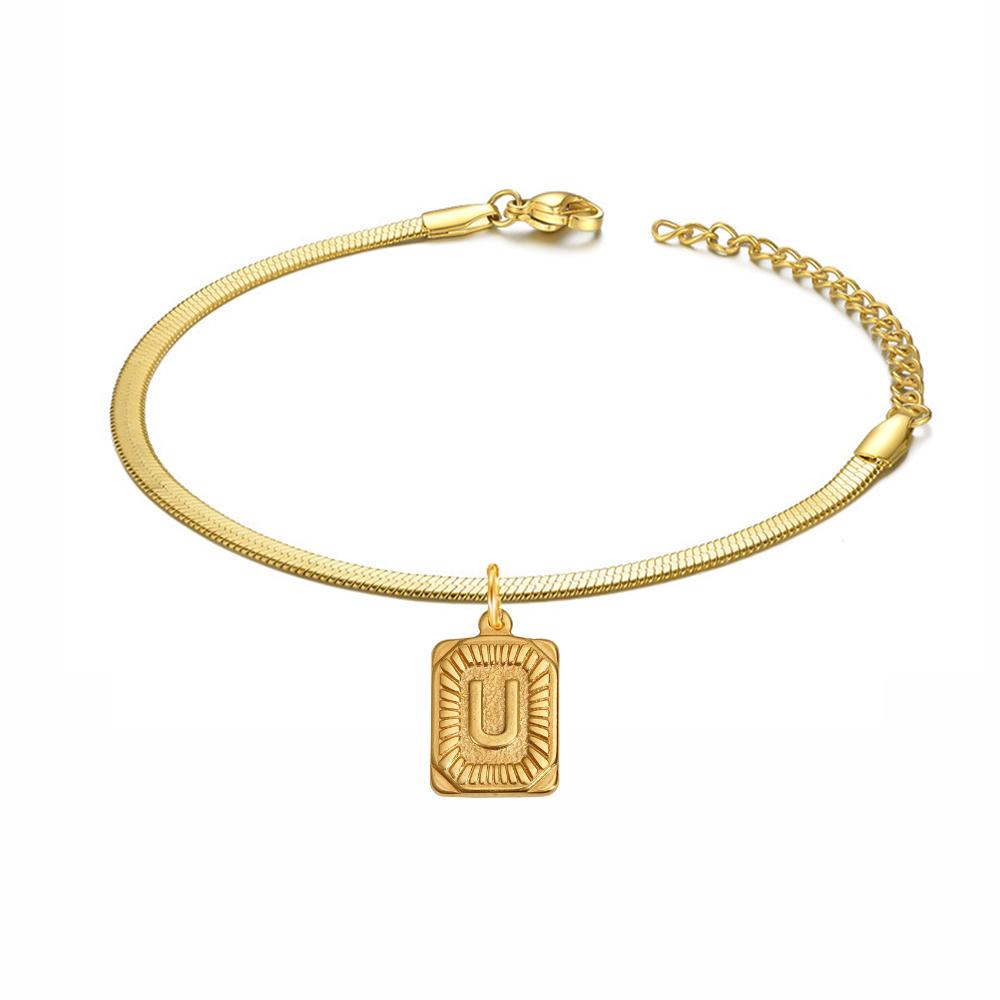 Punk Initial Letter Square Charm Bracelet Female Gold Color Stainless Steel 3mm Flat Snake Chain Link Bracelet for Women Jewelry
