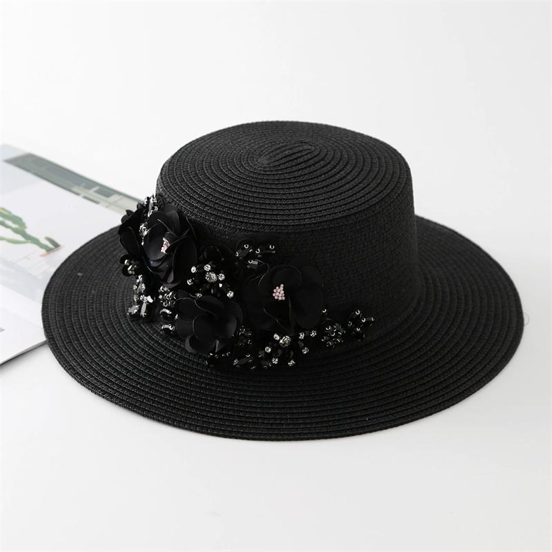 

202604-shi chic ins summer drill flower High quality encrypted weave paper grass grace lady fedoras cap women leisure panama hat head size 57cm чорний