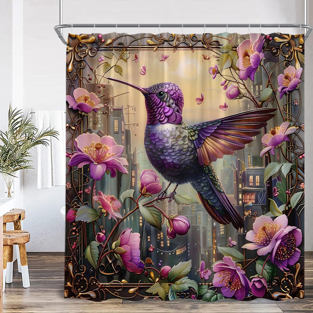 Bird Animal Shower Curtain Huumingbird Flower Floral Plant Classical Bathroom Decor Spring Autumn Polyester Bath Curtain with Ho