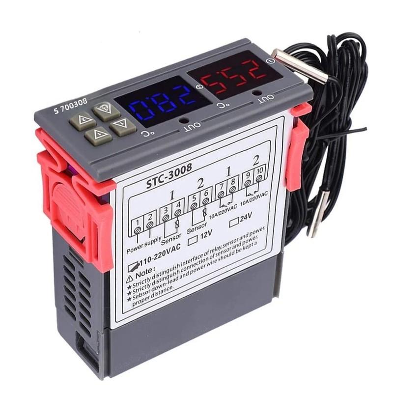 Controlador de Temperatura Digital Duplo STC-3008 Termostato com Saída de Dois Relés Aquecedor com Sonda 12V 24V 220V Geladeira Doméstica Frio Calor