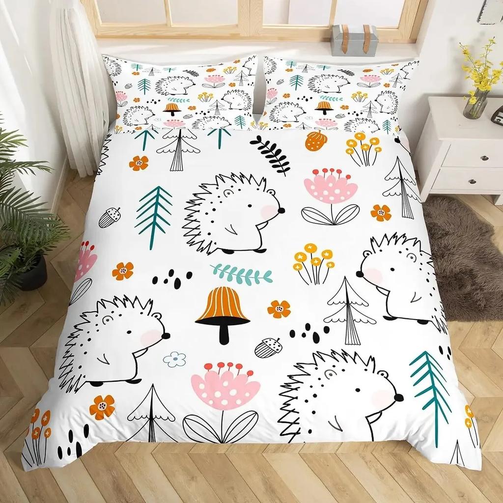 Cartoon Igel Bettbezug Queen Aquarell Batik Boho Bettwäsche-Set, Wildtiere Blumen Bettdeckenbezug Floraler Quiltbezug