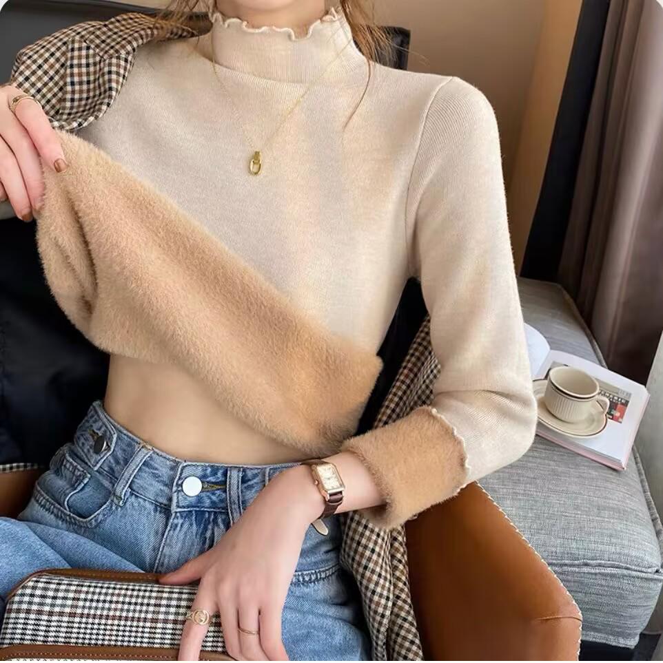 Damen Plüschfleece Unterhemd - Gemütlicher Herbst/Winter Halbhoher Kragen, Holzohr-Besatz