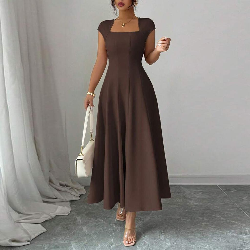 Women's Solid Color Square Neck Slim Fit A-Line Dress Cap Sleeve Midi Length Casual Dress for Daily Wear