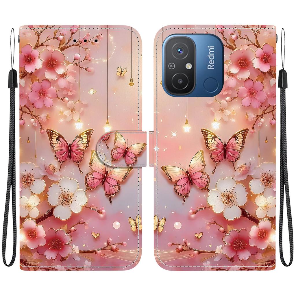 Handmade PU Leather Flip Case for Redmi 12C/Redmi 11A Anti-Slip Shockproof Cover with Wrist Strap & Heart/Rose Cat Designs