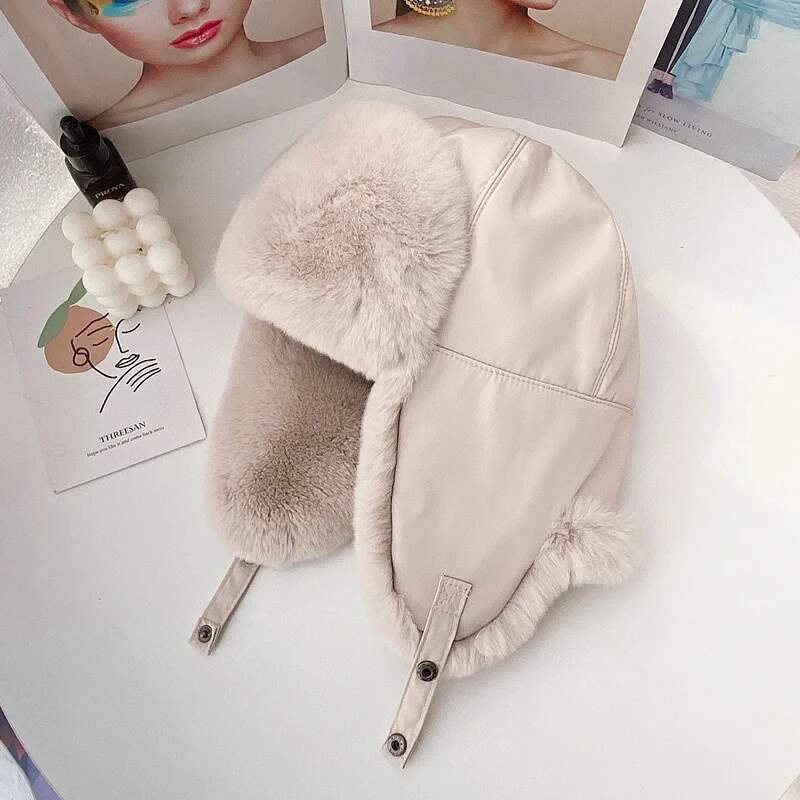 

Rex Rabbit Fur Hat For Women Real Fur Lei Feng Hat With Ear Flaps Outdoor Skiing Hat Female Warm Fur Caps Thick Windproof Caps One Size світлого кольору хакі