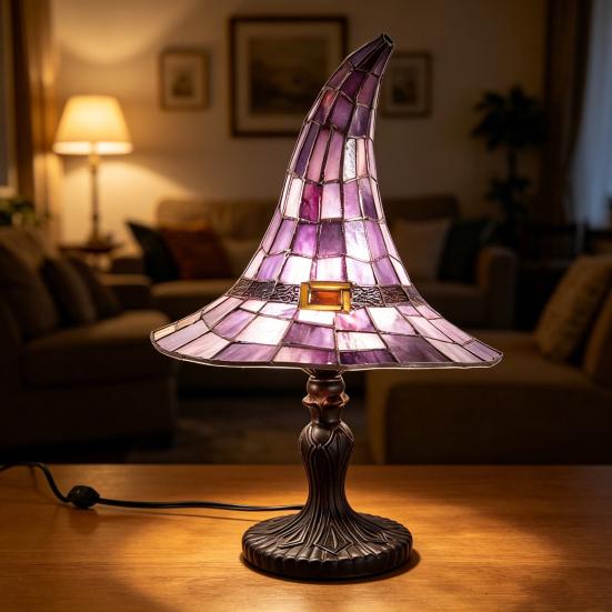 Stained Glass Witch Hat Lamp, USB Powered Resin Night Light, Gothic Halloween Table Lamp for Bedroom Bookshelf Mantel Party Decor
