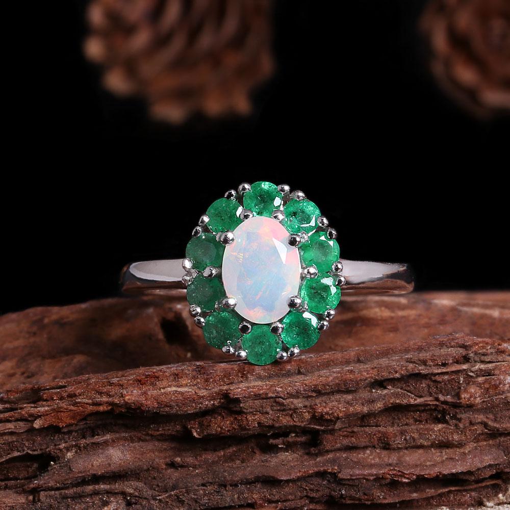 Inel superb din argint sterling 925 cu design floral, opal natural, smarald, pietre prețioase reale, bijuterii fine pentru cadouri de aniversare pentru femei
