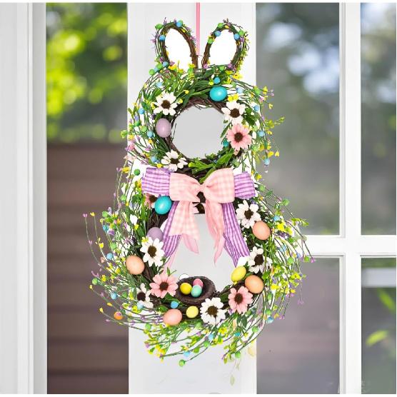 25 Inch Easter Bunny Wreaths for Front Door Decoration,Easter Door Wreath with Pastel Eggs Artificial Floral Decorations for Home Indoor Outdoor