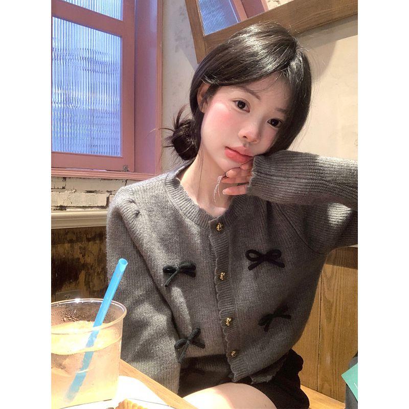 Kumikumi Sweet Style Three-Dimensional Bows Knitting Cardigan Women's Clothes Autumn Youthful-Looking Loose Gray Coat Tops