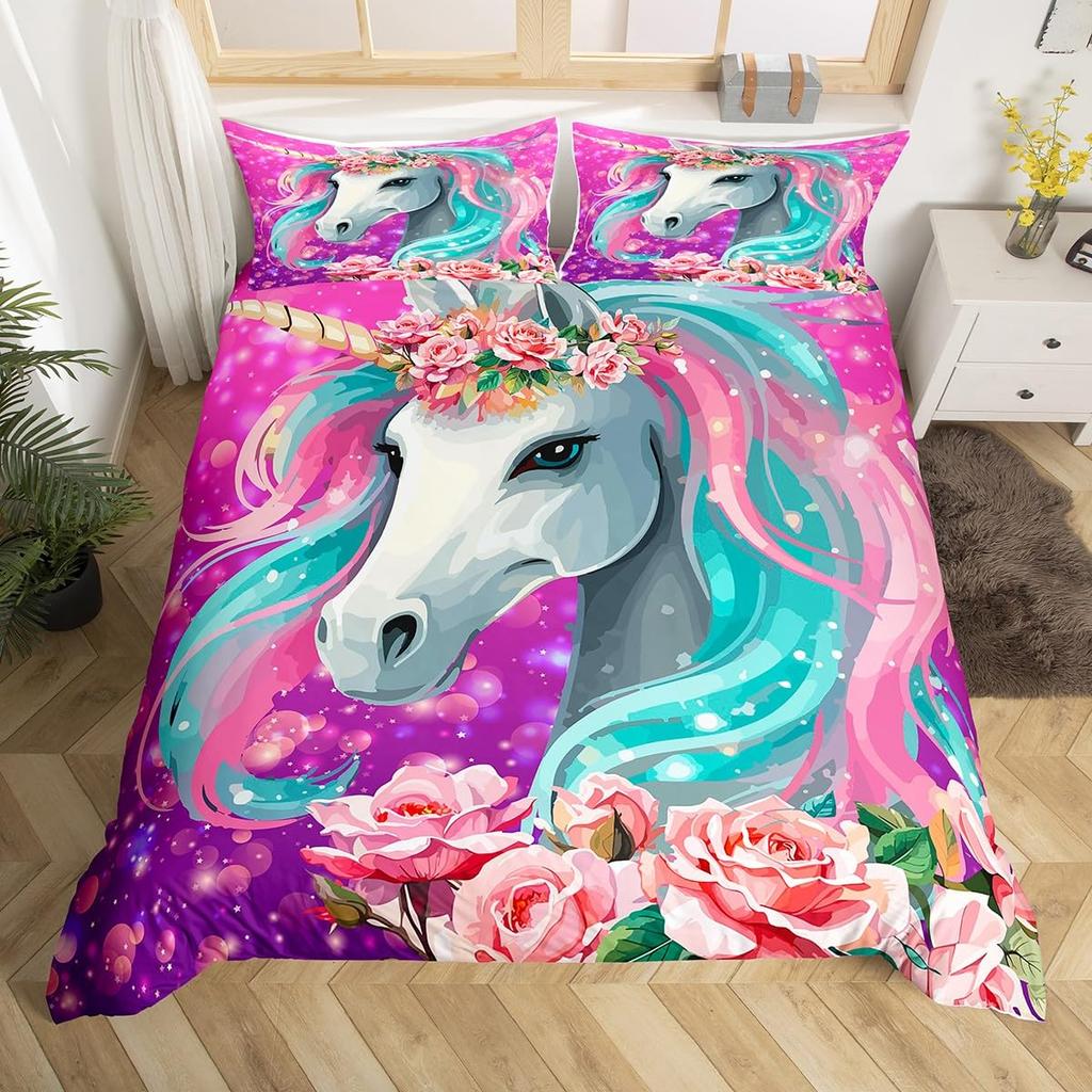 Unicorn Duvet Covers For Girls Teens Queen Lightweight Down Quilt Covers Bedroom Decor 2 Pillowcases 1 Duvet Cover No Comforter