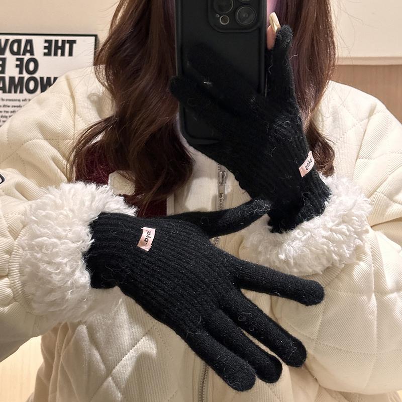 Gants tricotés à écran tactile tendance pour femmes, gants d'hiver chauds à bords en peluche, mitaines de cyclisme de sport coupe-vent, gants en peluche épais et doux au poignet