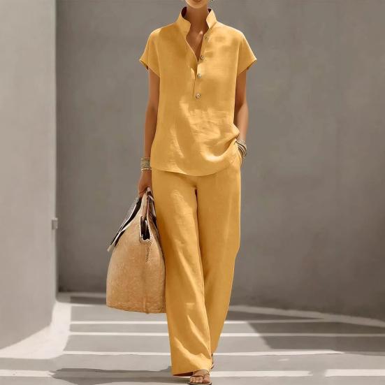 Yousheng Women Cotton Linen 2 Piece Sets Short Sleeve Button Up V Neck And Long Pants Summer Lounge Outfits with Pockets