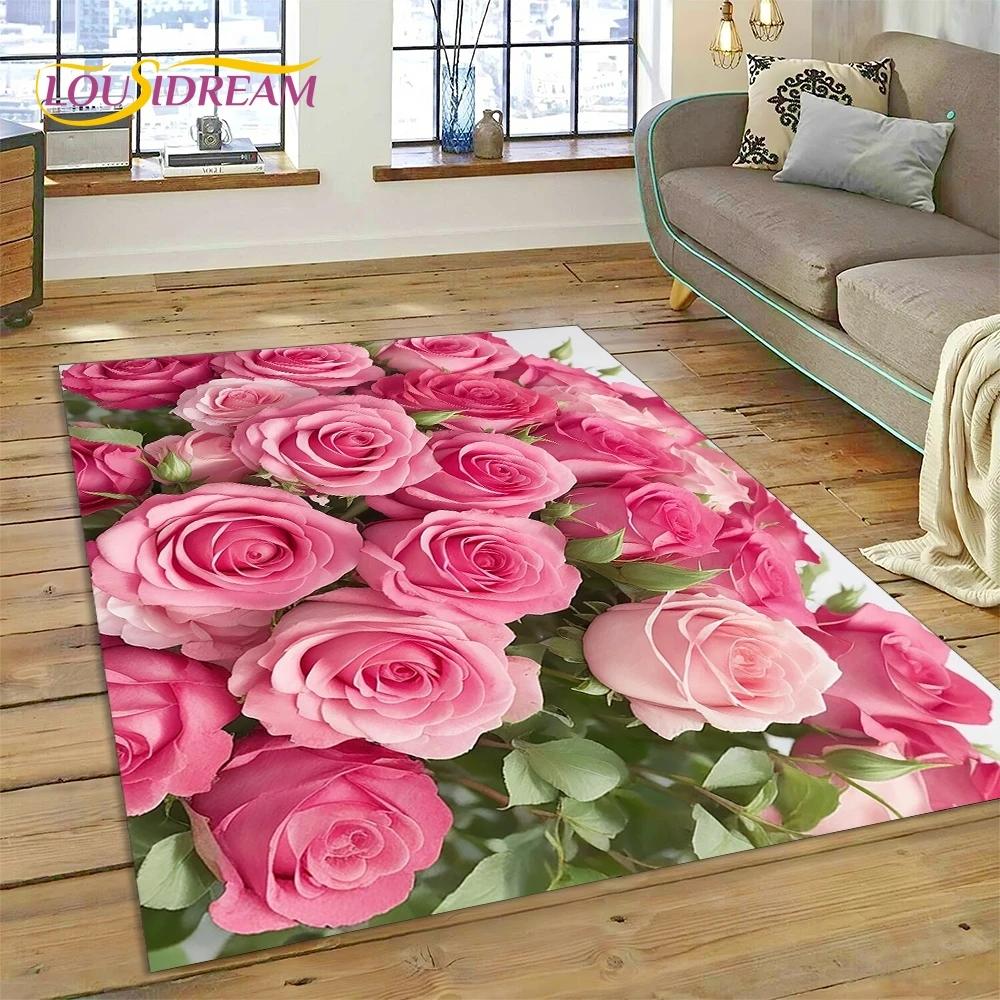 Růžové Květiny Severská Láska Romantický Koberec Kobereček do Ložnice Obývacího Pokoje Domácí Dekorace na Pohovku, Dětská Hra Velká Dekorativní Podložka na Podlahu