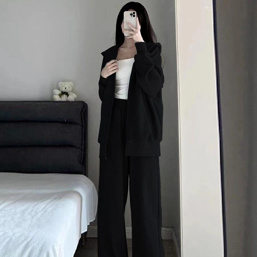 Grey Student Casual Hoodie and Cardigan Set: Trendy Two-Piece Sportswear