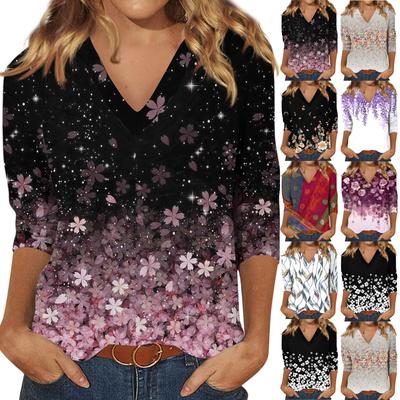 Women's Casual And Fashionable Flower Printing V-Neck Top With Seven Quarter Sleeves