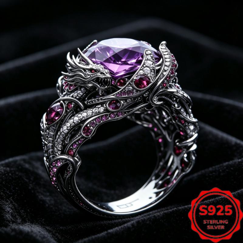 Dark-style dragon-shaped ring for men, vintage design925Silver inlaid amethyst ring, bold gothic design, gift for couples | Non-fading,