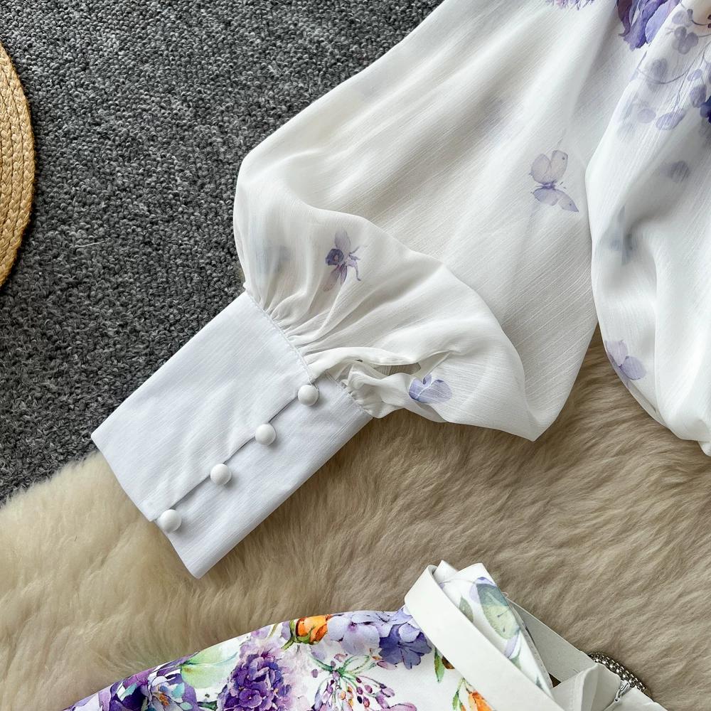 Summer Autumn New Arrival Flower Print Two Piece Pants Sets Women's Lantern Sleeve Blouse Tops and High-Waisted Wide-Leg Shorts Sets