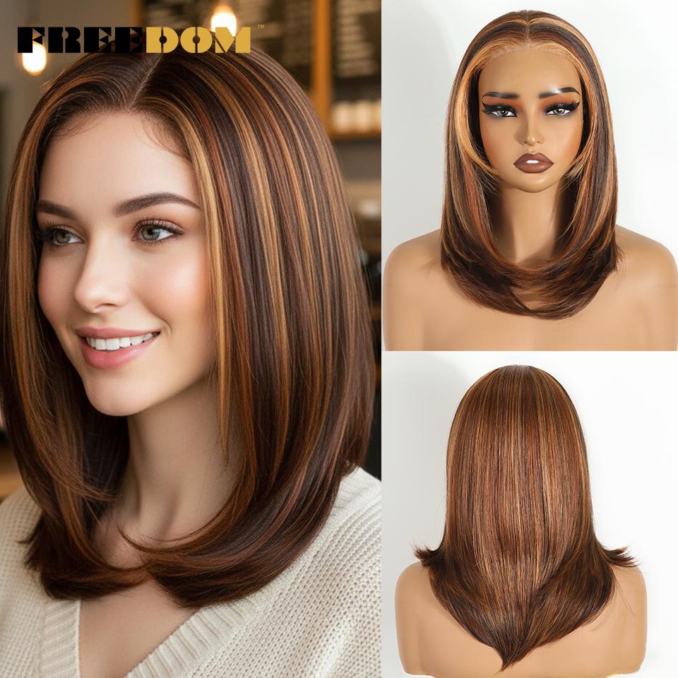 FREEDOM Synthetic Lace Front Wigs For Women Short Bob Layered Straight 6x4 Wear And Go Glueless Wig Ombre Pre Plucked Lace Wigs