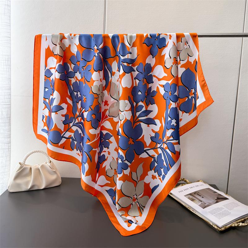 Korean Version of Atmosphere Simulation Silk High-end Square Scarf Silk Scarf Printing Travel Shawl Scarf Sunscreen Headscarf Women's Scarf
