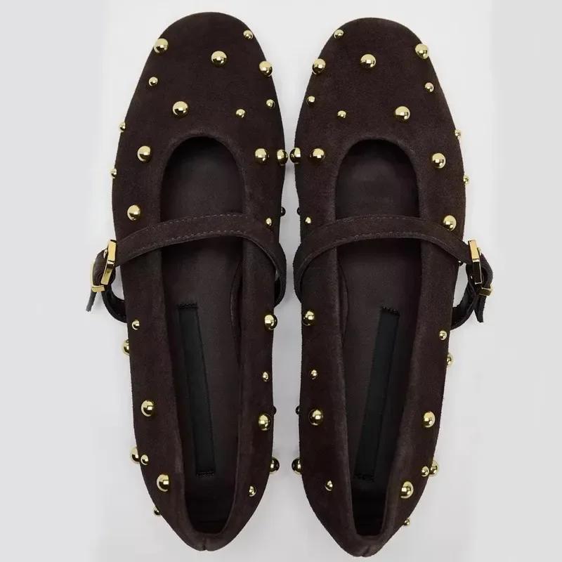 2024 Herbst Marke Mary Jane Schuhe für Damen Mode Nieten Wildleder Klassisch Retro Braun Lässig Weiche Sohle Bequeme Damen Ballerinas