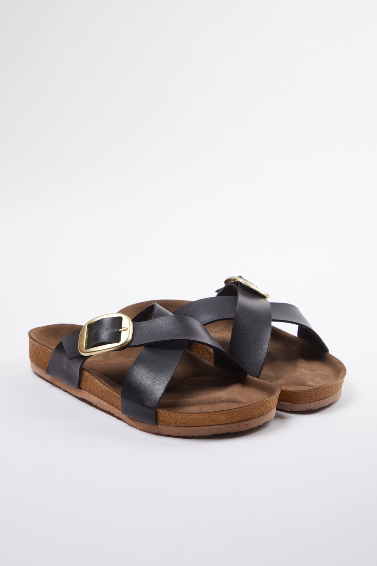 

Women s Fashion Flat Heeled Slippers Black Buckle Cross Strap Slippers N Shoes 36
