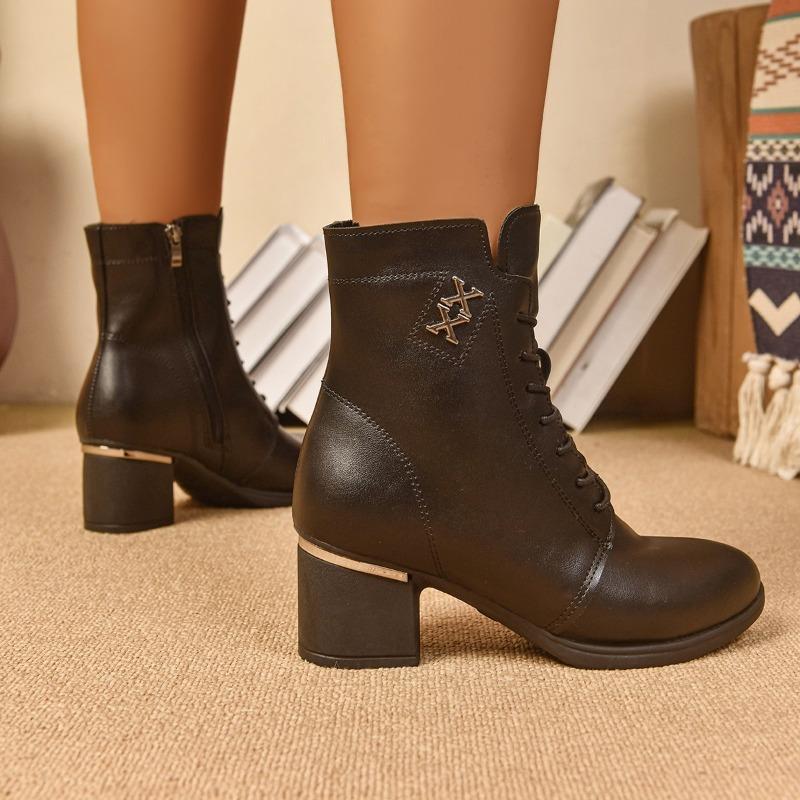 Block Heel Boots Fall Winter New Pointed Toe Metal Buckle Front Lace-Up Side Zipper Anti-Slip Wear-Resistant Heel Single Boots