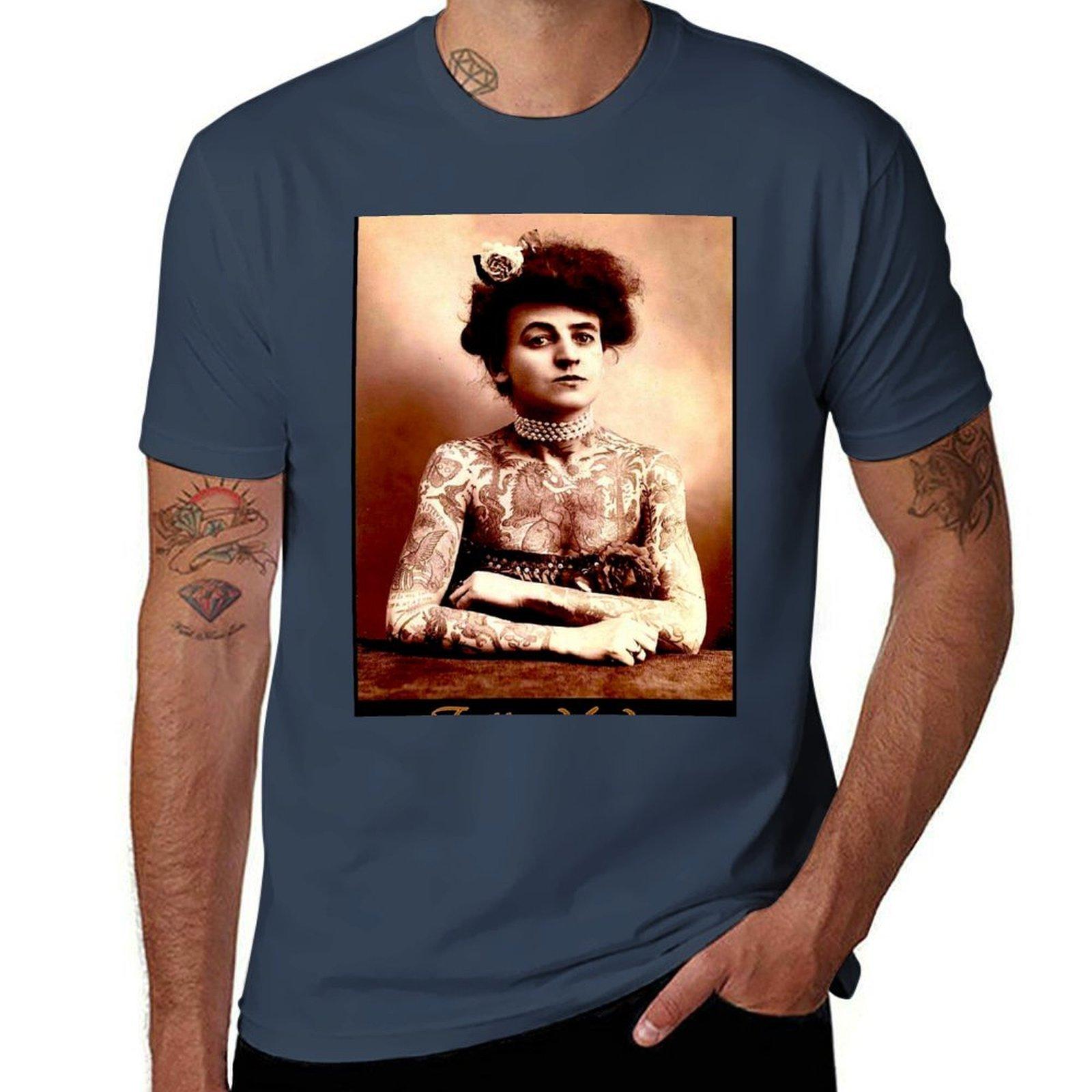 TATTOOED LADY Vintage Tattoo Photograph Print TShirt Basic Casual Wear Short Sleeve Top S