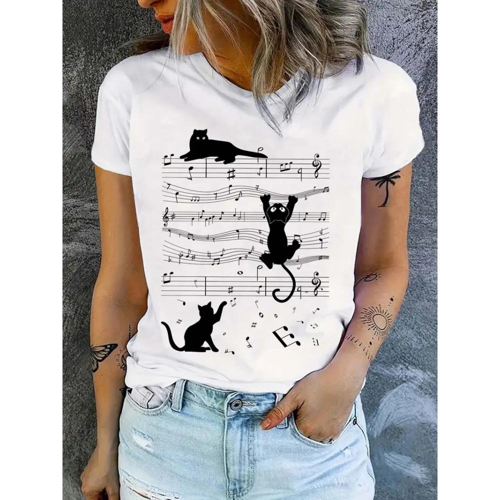 Fashion Funny Music Cat Design Print Short Sleeve Printed T Shirt Clothing Women s T-Shirt Clothing Women s Top Tee M