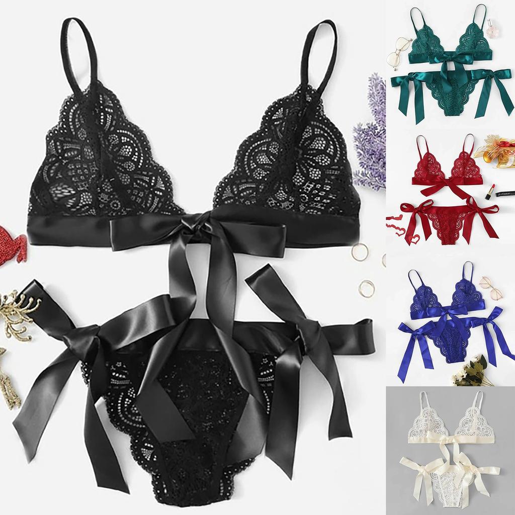 Lace Bralette Set with Bow Tie Straps Two Piece Lingerie Set Sheer Mesh Triangle Bra and Matching Panty Soft Fabric Intimate Wear for Women