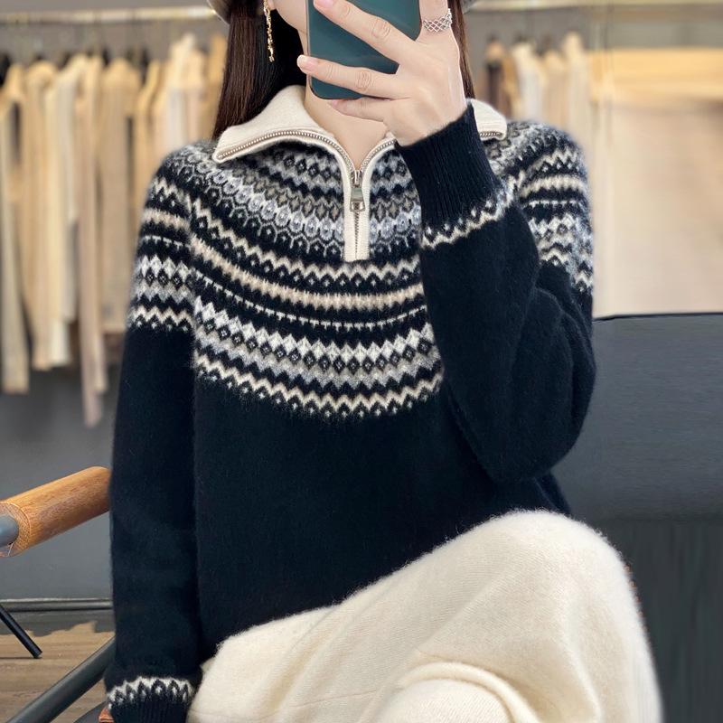 Women's Retro Fair Isle Wool Sweater - Autumn/Winter Loose Knit Outerwear