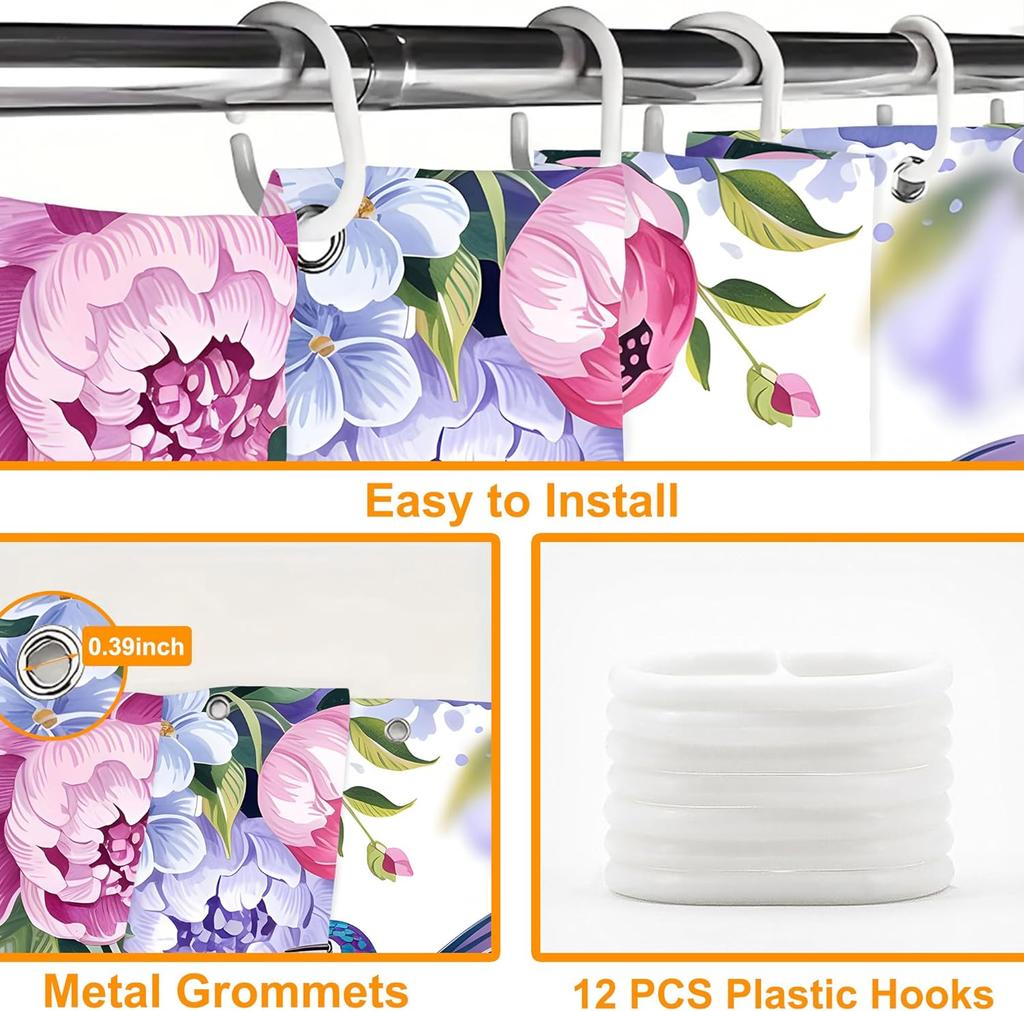 Spring Hummingbird Floral Bird Shower Curtain,Bathroom Shower Curtains Bathtub Home Decor Waterproof Fabric Machine Washable Wit