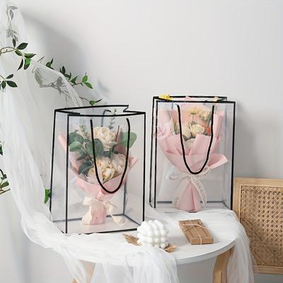 10Pcs Clear Tote Bag Black/ White/Light Orange Border Flower Handbag Gift Bags for Party Valentine's Day/ Mother's Day/ Birthday