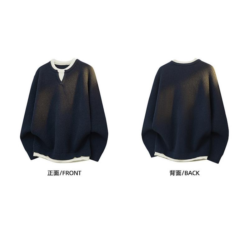 Mens Fake Two Piece Patchwork Thick Knit Loose Pullover Sweater