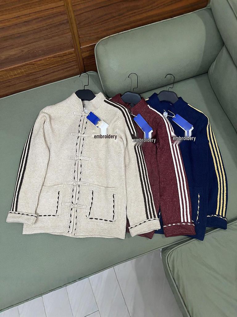 Unisex Tang Suit Sweater: Autumn/Winter Chinese Style with Three Stripes & Frog Button Embroidery