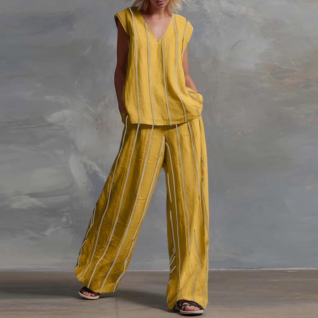 Ladies' Fashionable Casual V-neck Striped Top And Casual Pants Two-piece Set