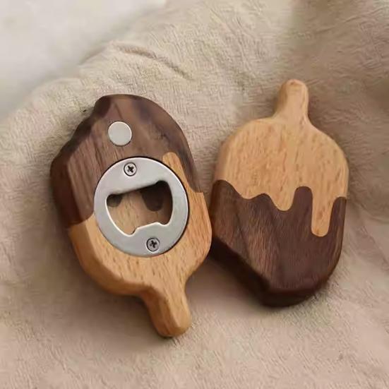 1/2Pcs Ice Cream Bottle Opener Refrigerator Magnet Wooden Fridge Magnet Bottle Opening Tool Home Office Kitchen Decoration