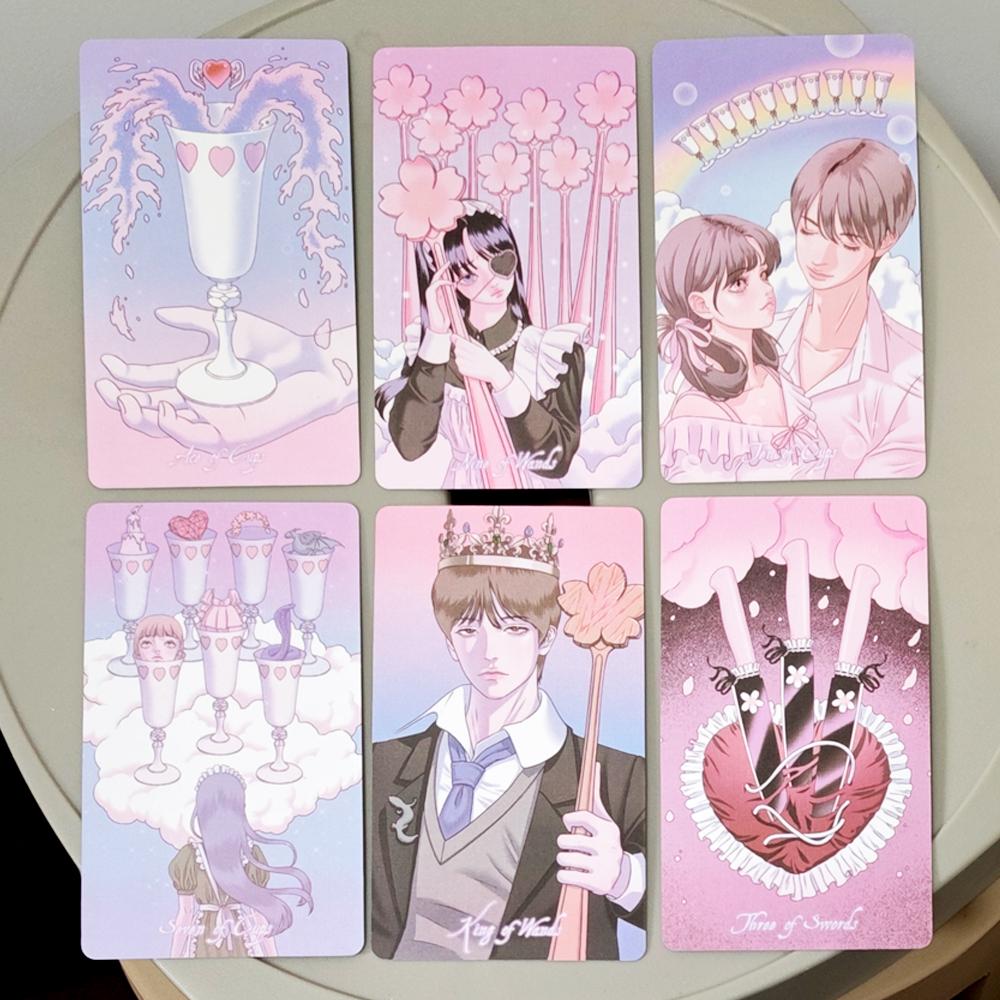 Kawaii Anime Tarot Deck 10.5*6cm - 78 Cards Coquette Aesthetic Pink Pastel Manga Tarot Cards - "HORANG NAVI" Double-embossed